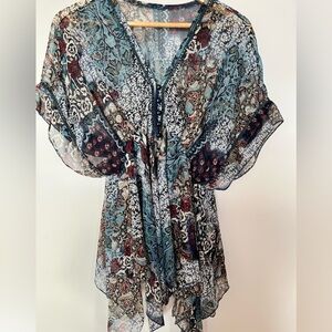 Soggetto Sheer Boho Paisley Tunic Top | Flowy Chiffon Blouse Large